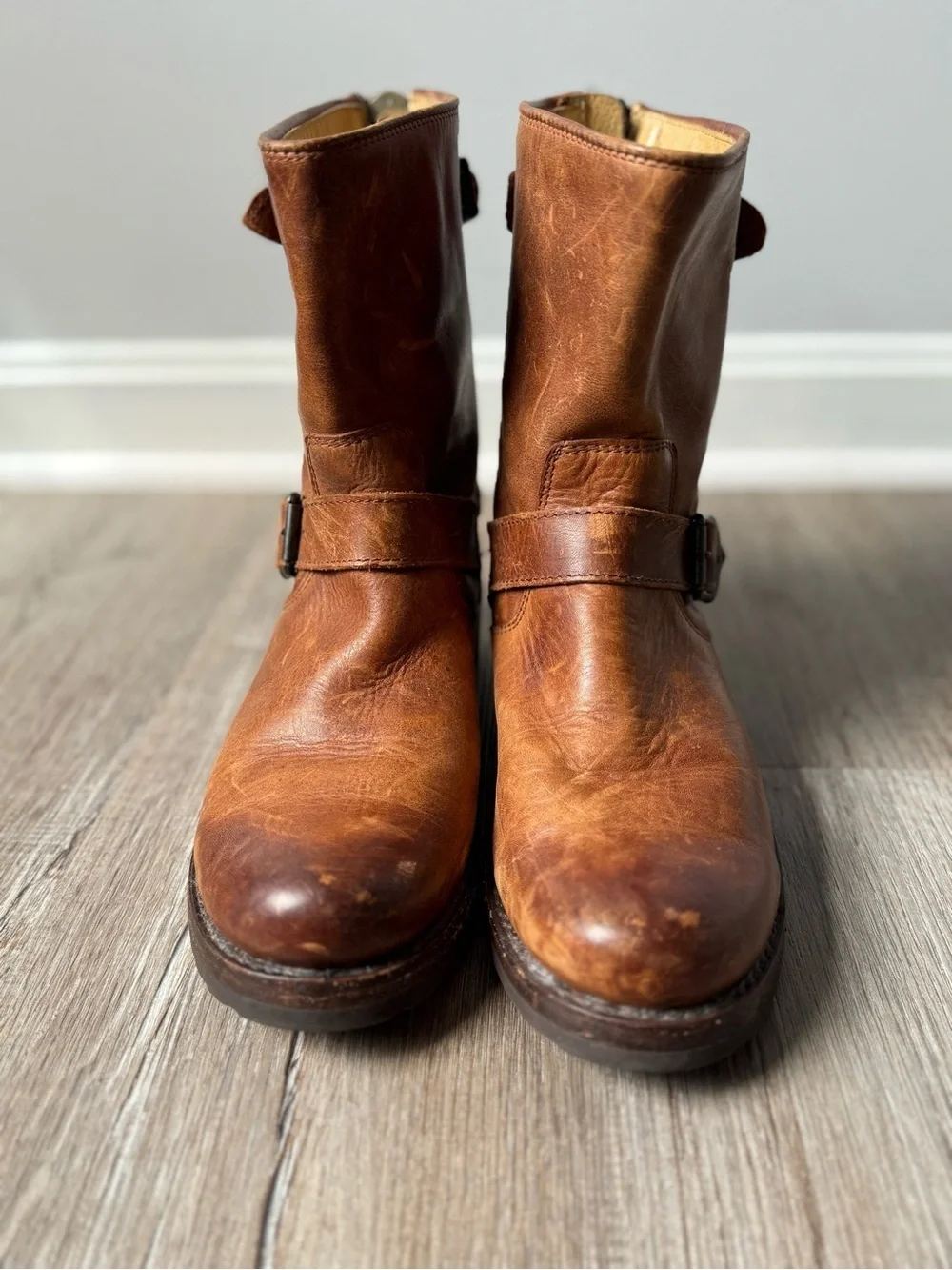 Frye Veronica Shortie Boots Size 7.5 Brown Leather Buckle Moto Ankle Boots